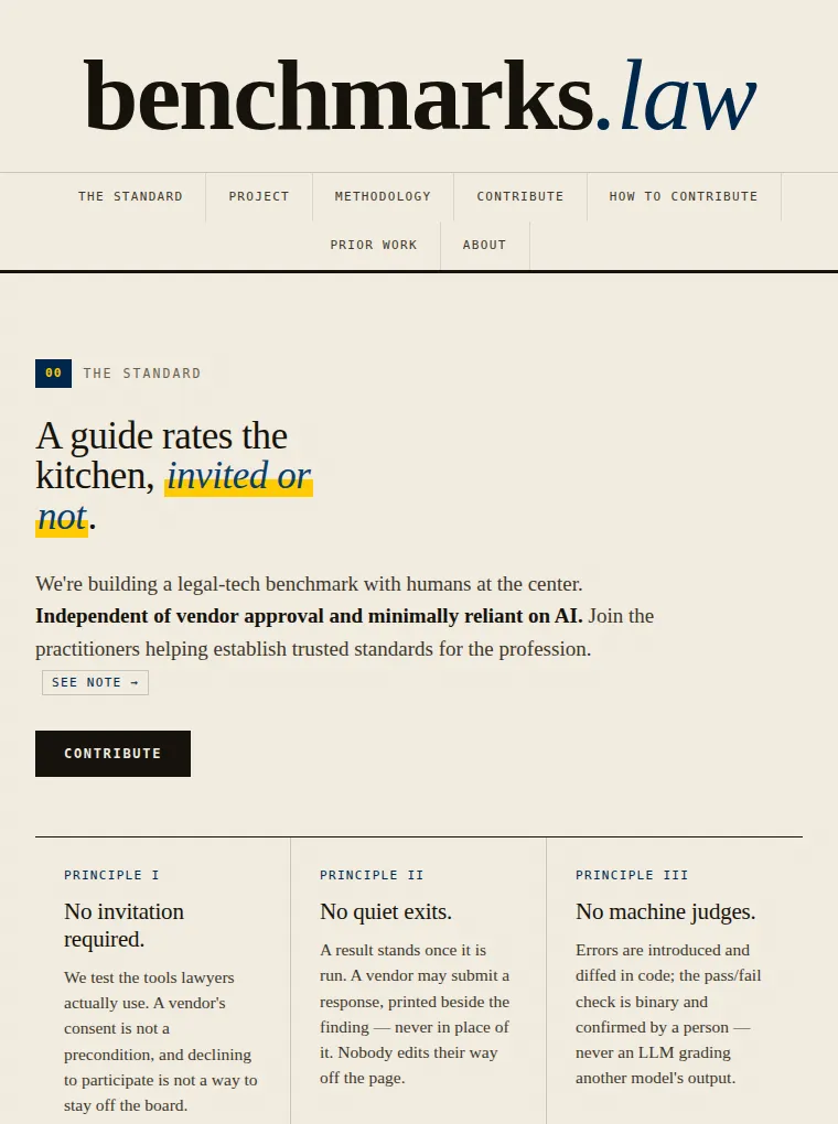 benchmarks.law home page: the masthead above the line 'A guide rates the kitchen, invited or not'
