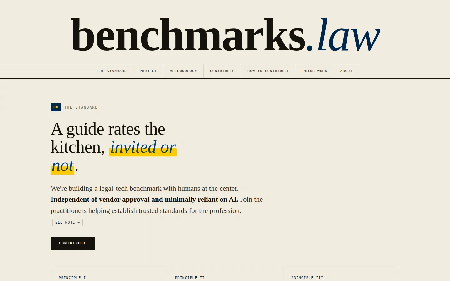 benchmarks.law home page: the masthead above the line 'A guide rates the kitchen, invited or not'
