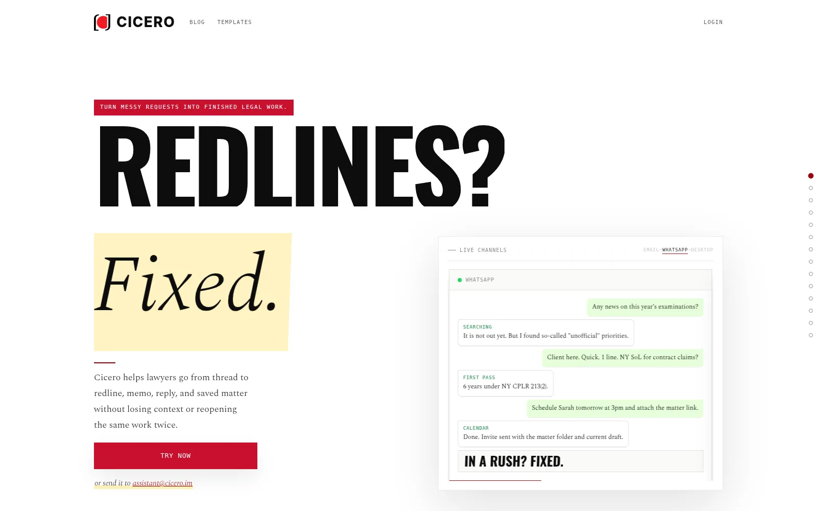 The Cicero product site: 'Redlines? Fixed.' above a sample conversation with the assistant