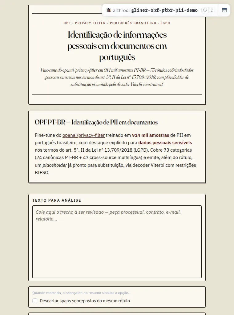 The pt-BR PII demo on Hugging Face: a Portuguese-language form for pasting text to be checked for personal data